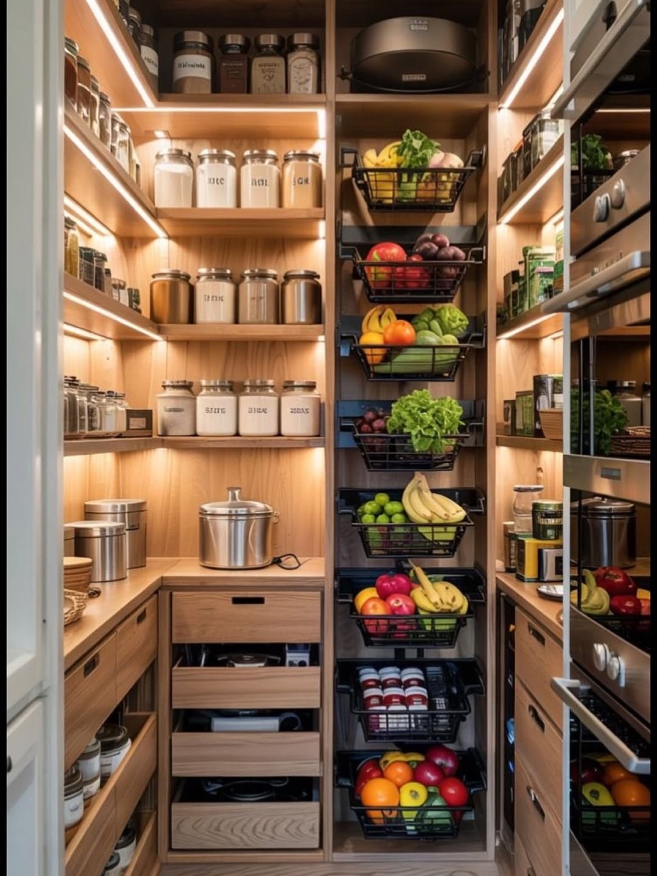 Custom pantry with wood shelving, LED lighting, wire produce baskets, and labeled storage canisters, Oyster Bay Long Island