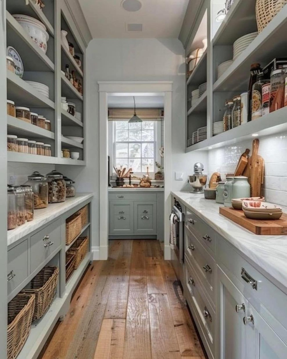 Sage-toned butler's pantry with marble countertops, wicker baskets, and wide-plank hardwood floors, Brookville Long Island