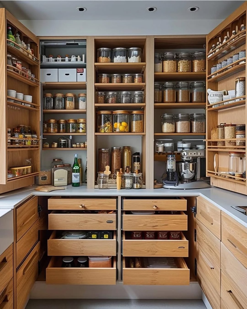 Oak pantry with full-extension pull-out drawers, glass jars, and countertop appliance storage, Old Westbury Long Island