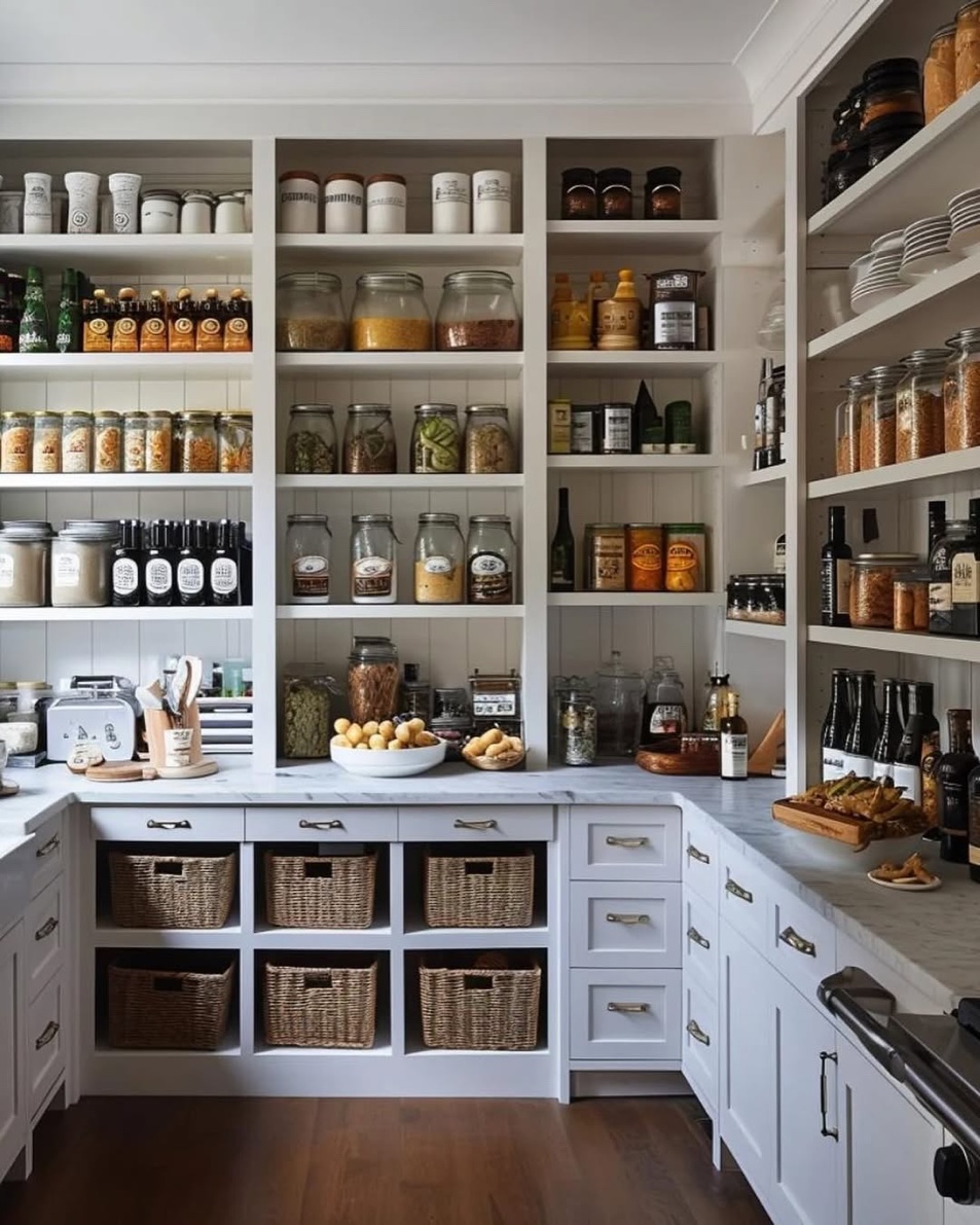 White pantry with marble countertops, glass storage jars, and woven baskets, Manhasset Long Island