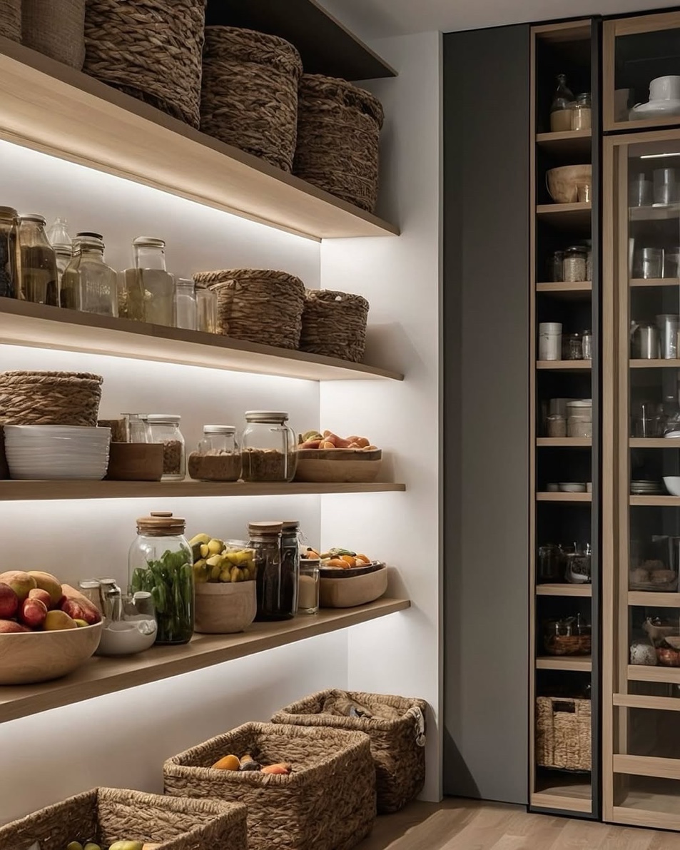Floating shelves with warm LED underlighting, woven baskets, and glass jars, Roslyn Long Island