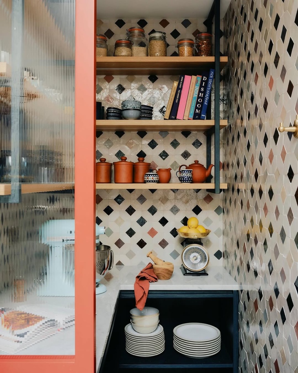 Kitchen pantry nook with artisan tile backsplash and terracotta jars, Cold Spring Harbor Long Island