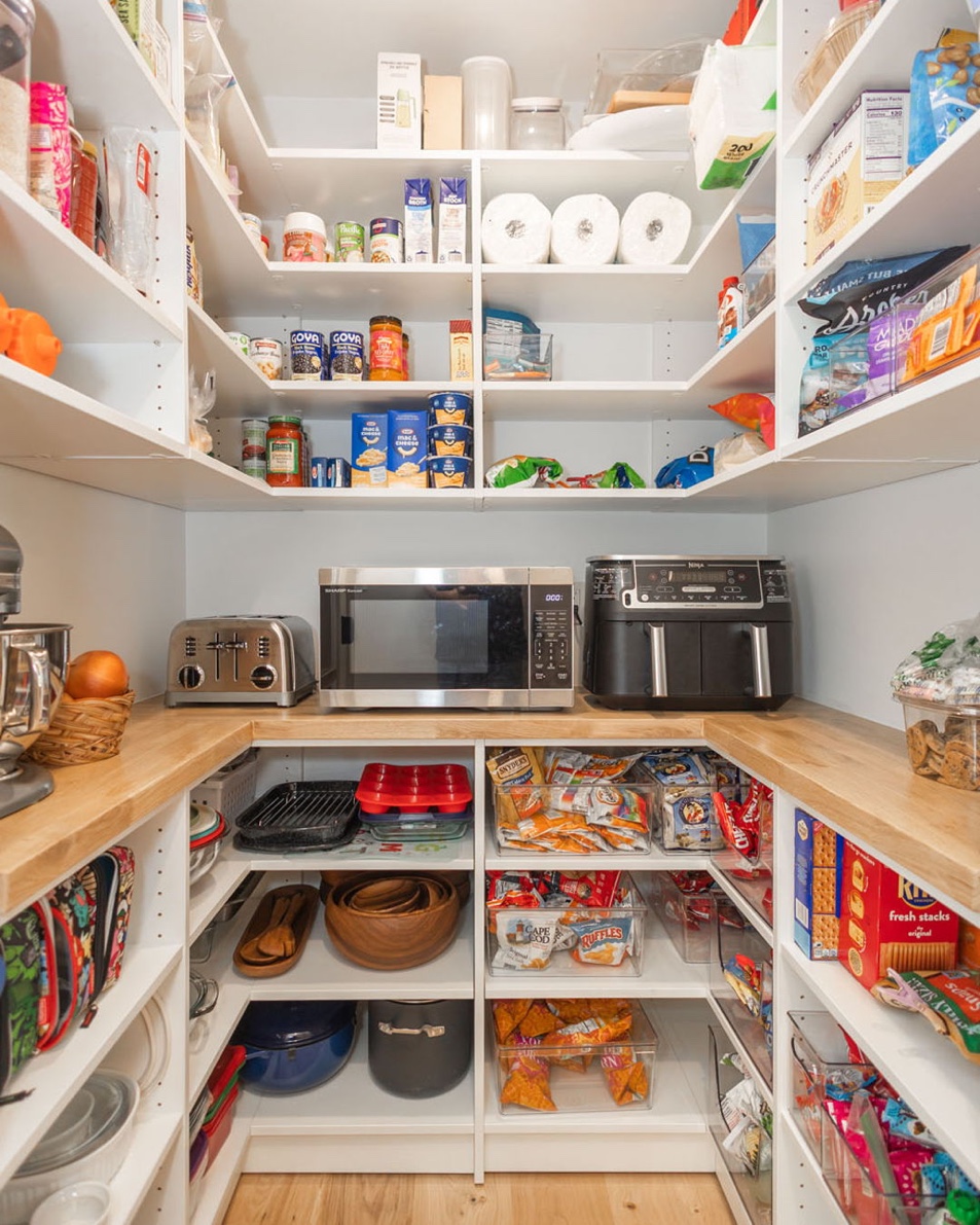 Working pantry with butcher block countertops and small appliance storage, Mill Neck Long Island