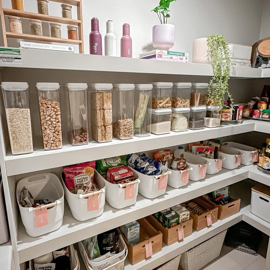 Pantry with labeled containers and bamboo-handle storage bins, Glen Cove Long Island