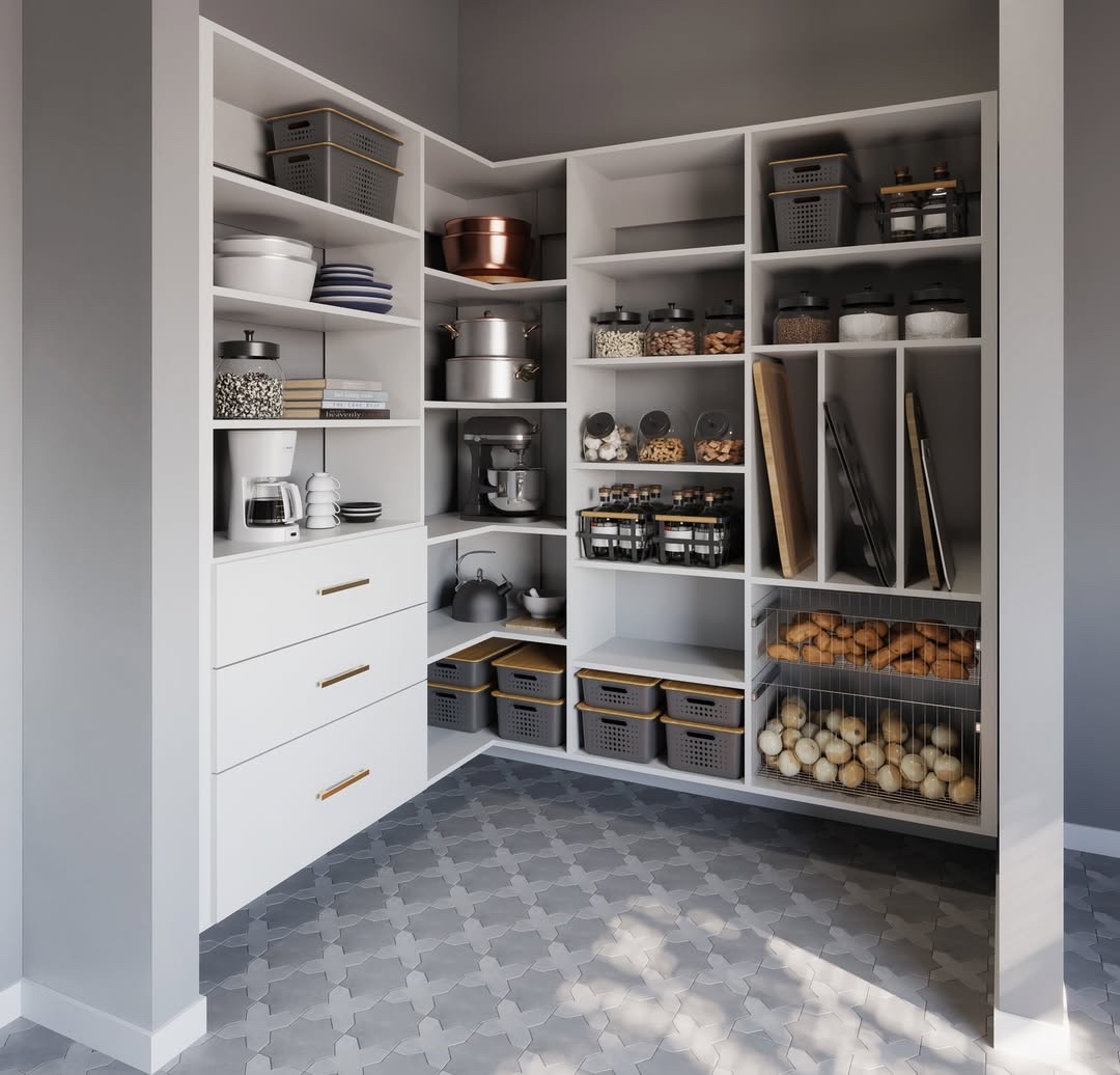 Modern walk-in pantry with white cabinetry, gray walls, gold hardware, and geometric tile floor, Brookville Long Island